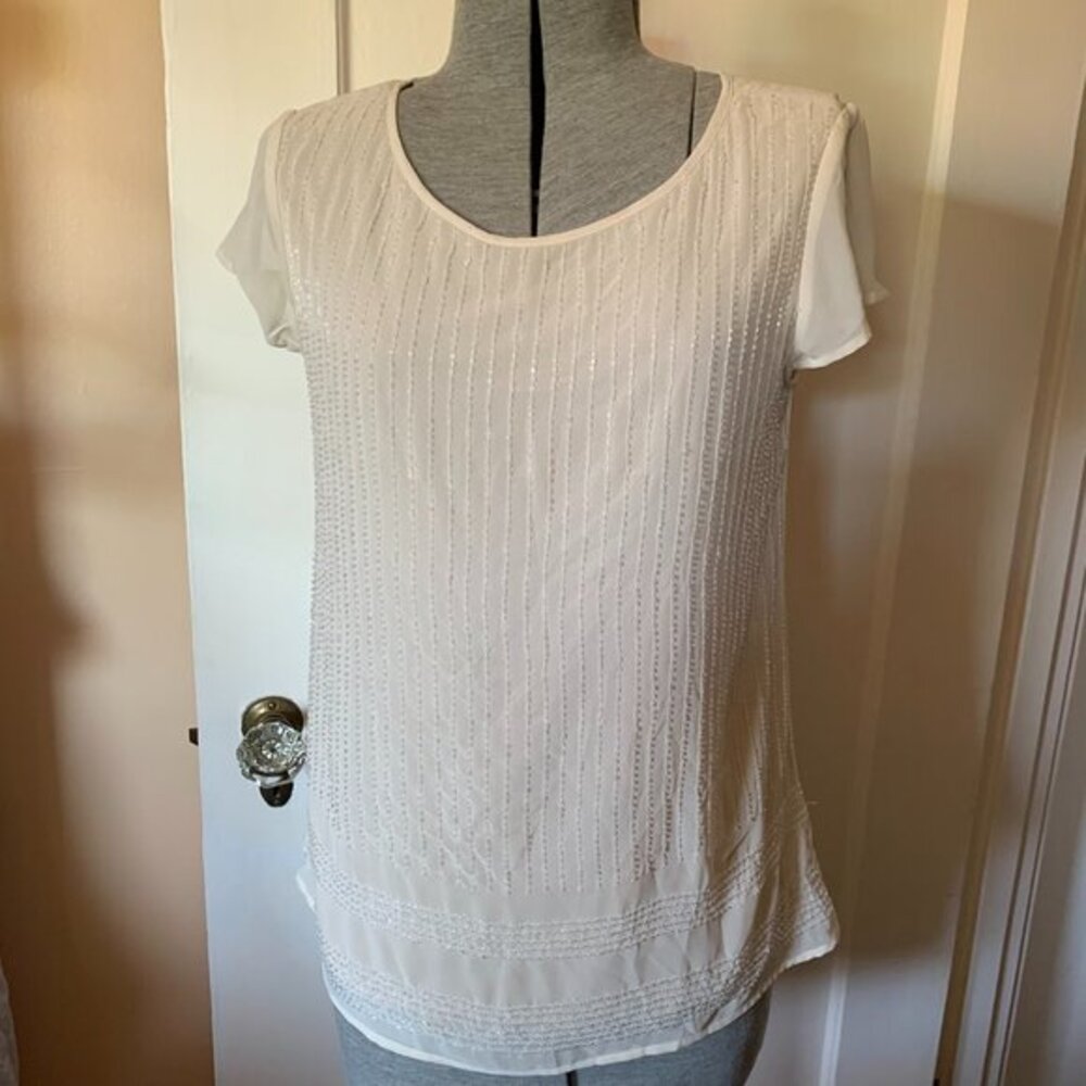 Ann Taylor Beaded Silk Feel Chiffon Blouse Cream Short Sleeve Small
